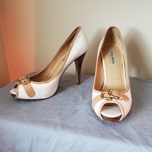 Steve Madden White and Tan Leather Peep Toe Heels